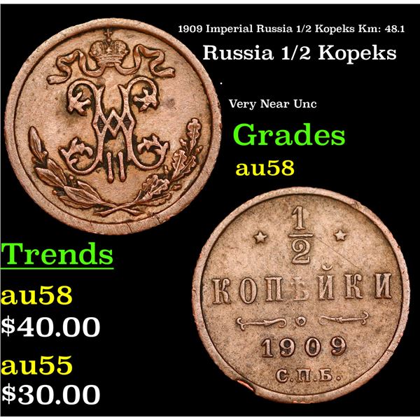 1909 Imperial Russia 1/2 Kopeks Km: 48.1 Grades Choice AU/BU Slider