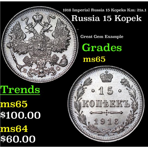 1916 Imperial Russia 15 Kopeks Km: 21a.1 Grades GEM Unc