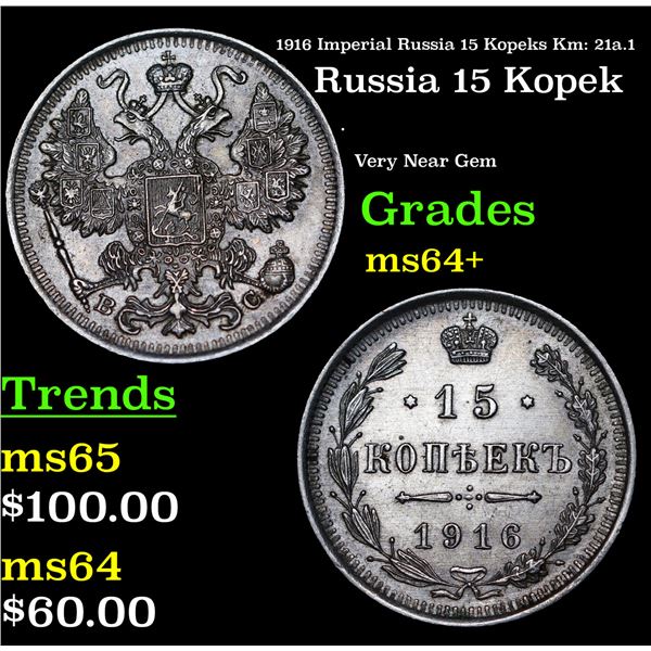1916 Imperial Russia 15 Kopeks Km: 21a.1 Grades Choice+ Unc