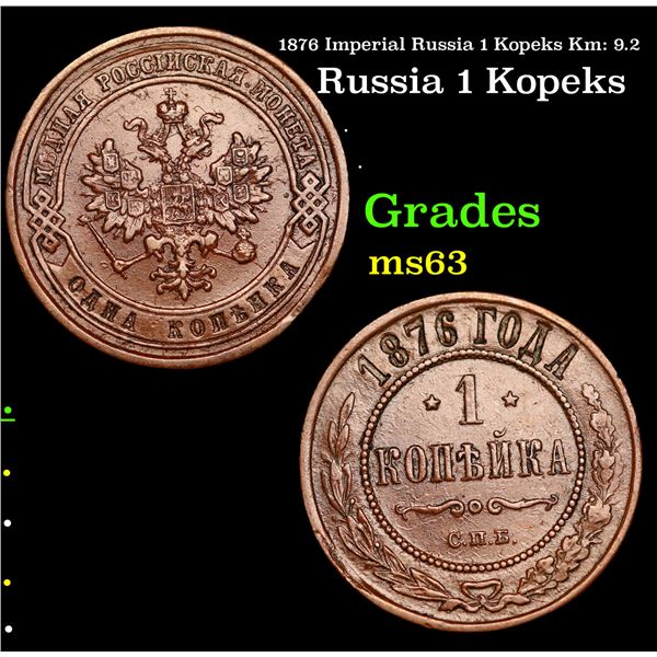 1876 Imperial Russia 1 Kopeks Km: 9.2 Grades Select Unc