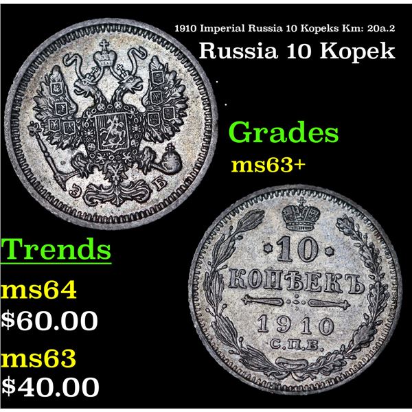 1910 Imperial Russia 10 Kopeks Km: 20a.2 Grades Select+ Unc