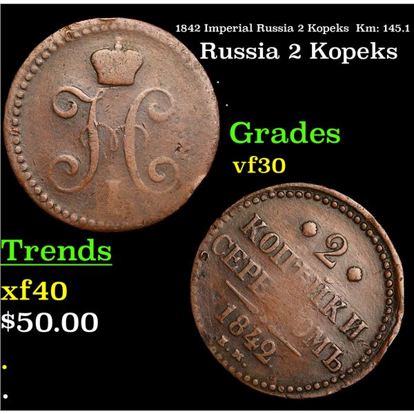 1842 Imperial Russia 2 Kopeks  Km: 145.1 Grades vf++