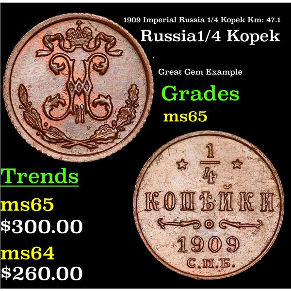 1909 Imperial Russia 1/4 Kopek Km: 47.1 Grades GEM Unc