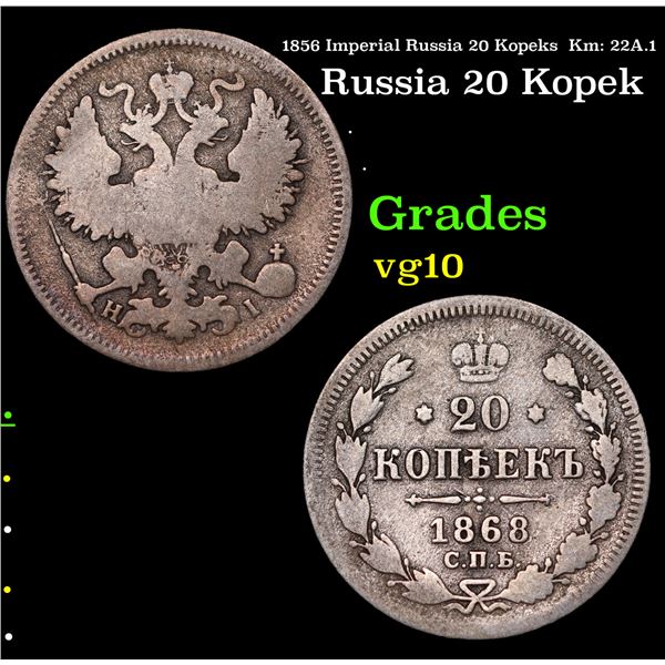 1856 Imperial Russia 20 Kopeks  Km: 22A.1 Grades vg+