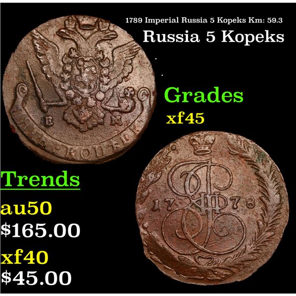 1789 Imperial Russia 5 Kopeks Km: 59.3 Grades xf+