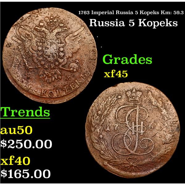 1763 Imperial Russia 5 Kopeks Km: 59.3 Grades xf+