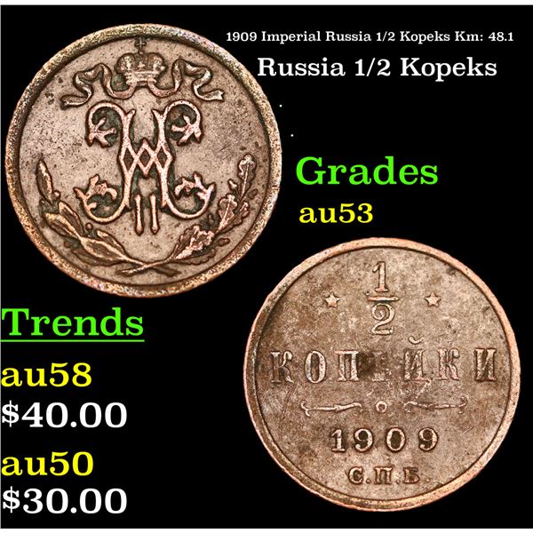 1909 Imperial Russia 1/2 Kopeks Km: 48.1 Grades Select AU