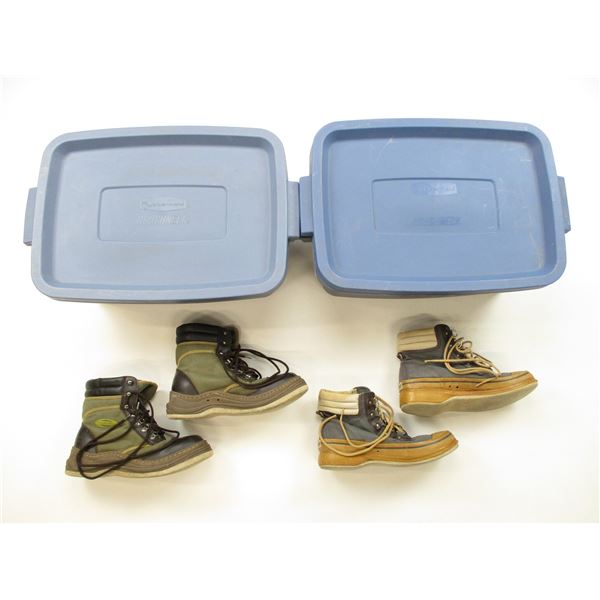 ASSORTED BOOTS & RUBBERMAID BINS