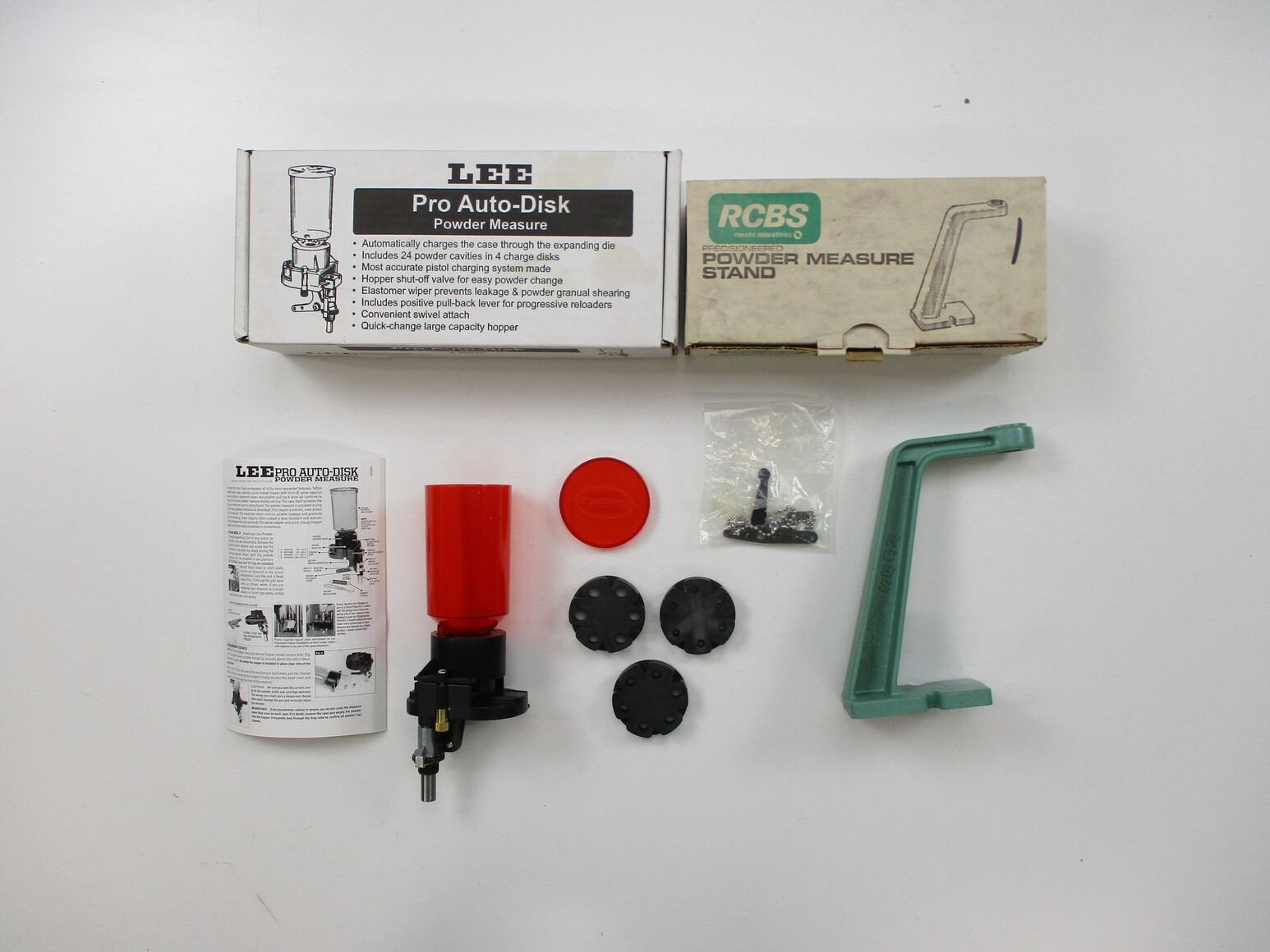 LEE PRO AUTO-DISK POWDER MEASURE AND RCBS POWDER MEASURE STAND LOT