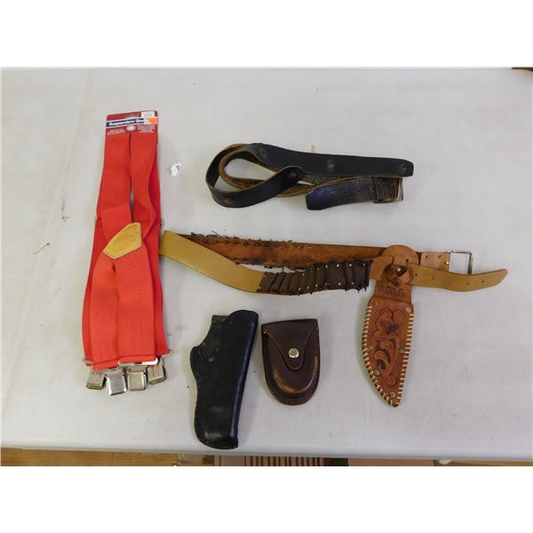 Lot of Leather Holsters, Knife Holsters, Red Construction Suspenders