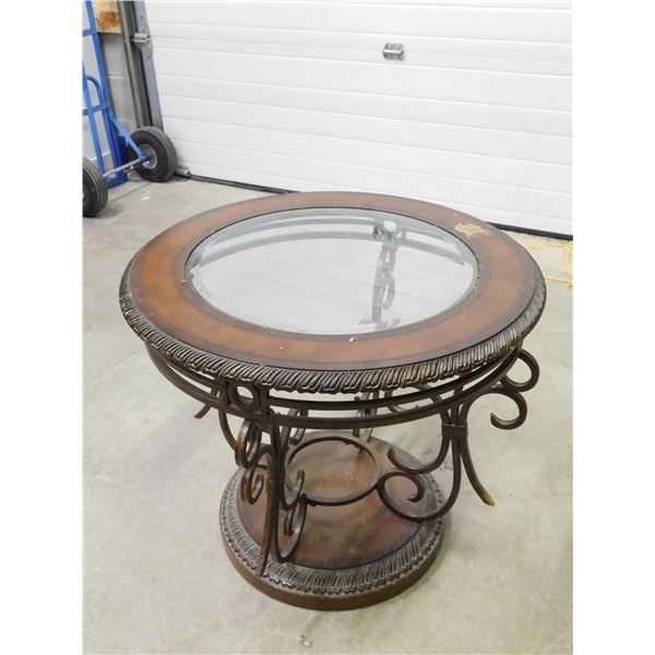 Round Wooden Glass Top Table Metal Frame End Table
