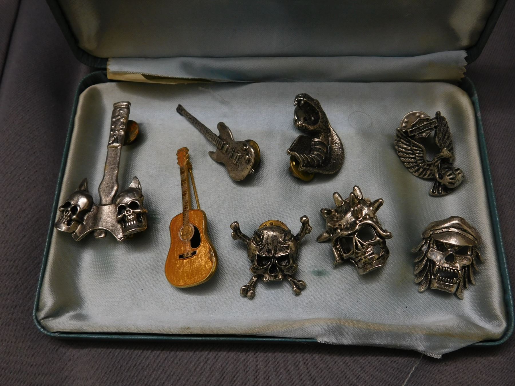 Lot of 8 Biker / Rocker Skull Pins Guitar, Harley Eagle, Crossbones, Etc