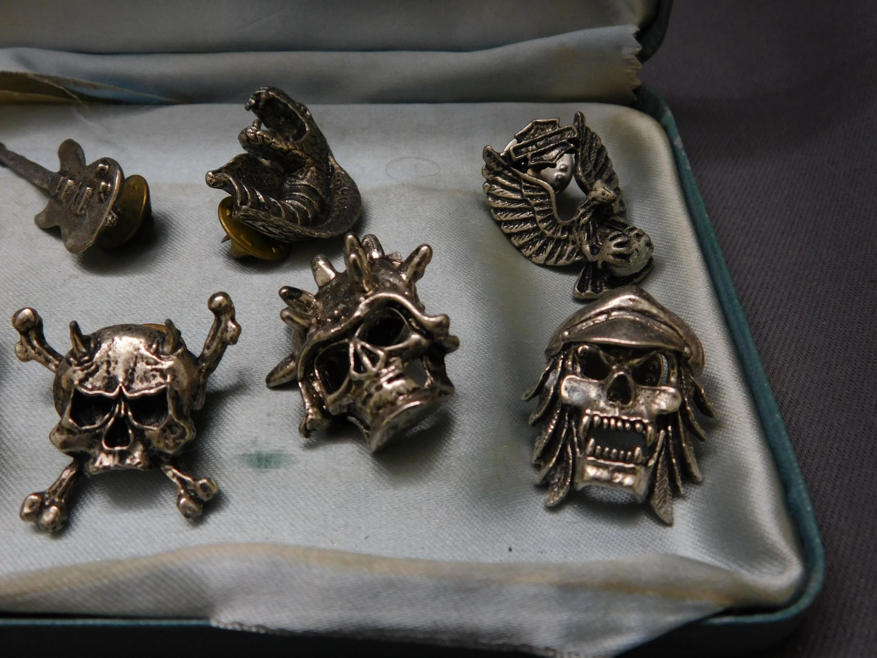 Lot of 8 Biker / Rocker Skull Pins Guitar, Harley Eagle, Crossbones, Etc