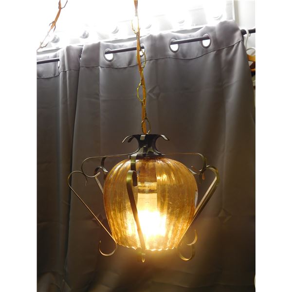 Swag Chain Lamp MCM Amber Glass Metal Wire Frame Tulip Shade