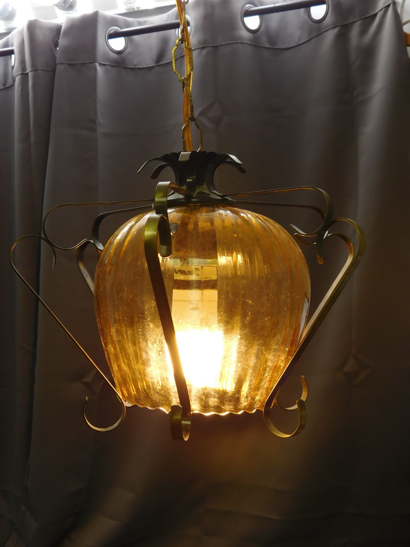 Swag Chain Lamp MCM Amber Glass Metal Wire Frame Tulip Shade