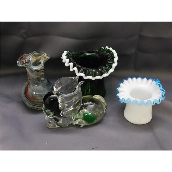 Lot of 4 Art Glass Blown Glass Rabbit, Small Vase, Top Hats with Frill