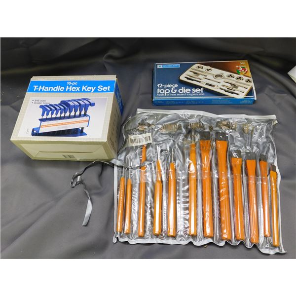 Lot of 3 12 Piece Jumbo Punch & Chisel Set, 12 Piece Tap and Die Set