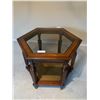 Image 1 : Wooden Hexagonal Side Table - Glass Top and Rattan-Style Base