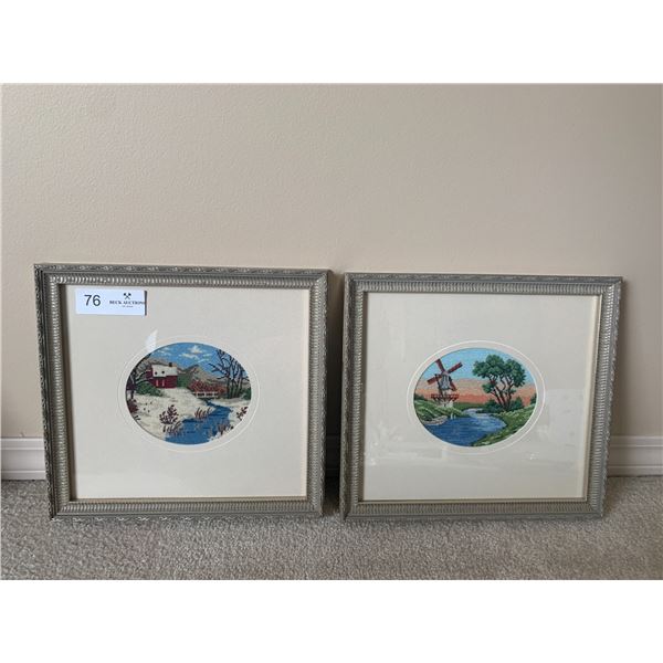 Two Framed Needlepoint Artworks of Outdoor Scenery