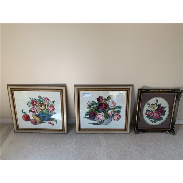 Set of Three Floral Needlepoint Artworks