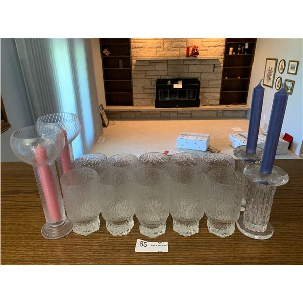 Set of Ten Textured Glasses and Two Pairs of Glass Candleholders