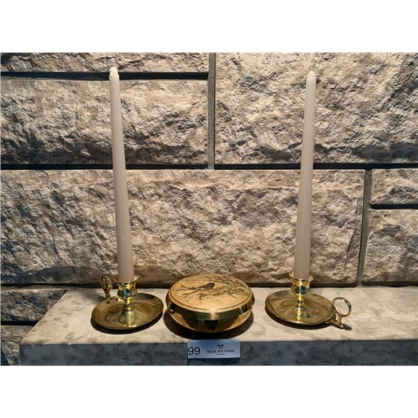 Two Brass Candleholders and Brass Decorative Container