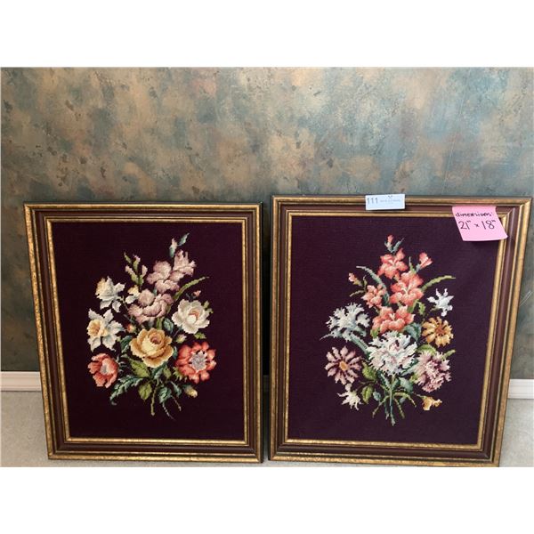 2 x Needlepoint Floral Artworks (21" x 18")