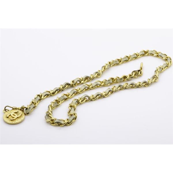 Chanel Gold-tone Metal Woven Chain and Beige Leather CC Charm Belt