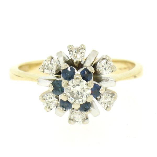 14k Yellow & White Gold 0.65 ctw Diamond Sapphire 3 Tiered Starburst Cluster Rin