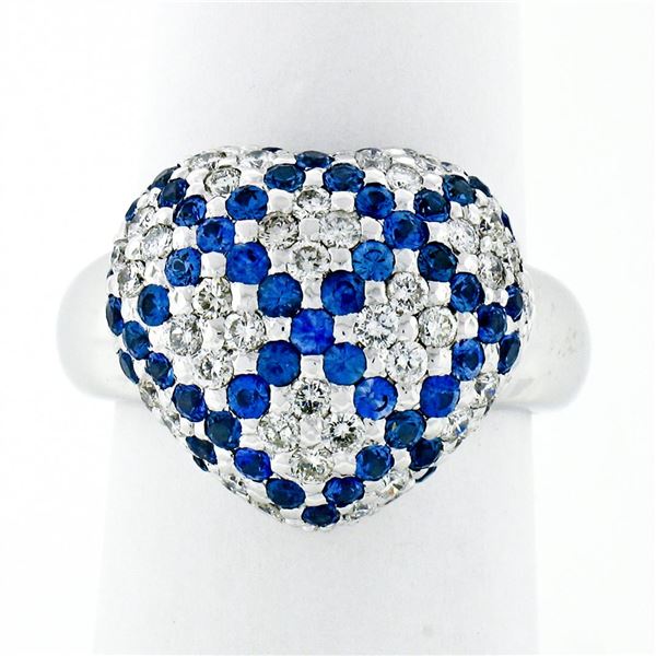 18K White Gold 1.95 ctw Pavï¿½ Sapphire & Diamond Puffed Domed Heart Cluster Rin