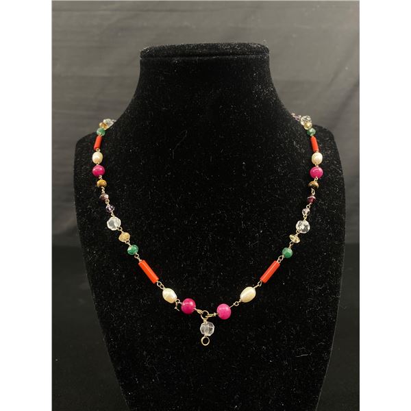 Multi Genuine Stone Necklace, Pearl, Ruby, Tigereye, Coral, Crystal ect