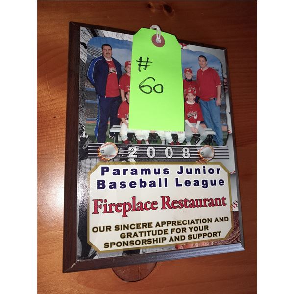 The Fireplace Restaurant - Paramus Baseball Team Plaque (2008)