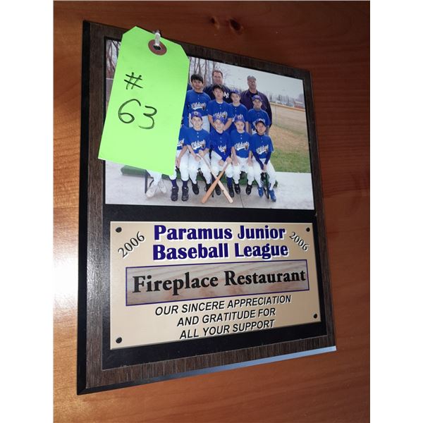 The Fireplace Restaurant - Paramus Baseball Team Plaque (2006)