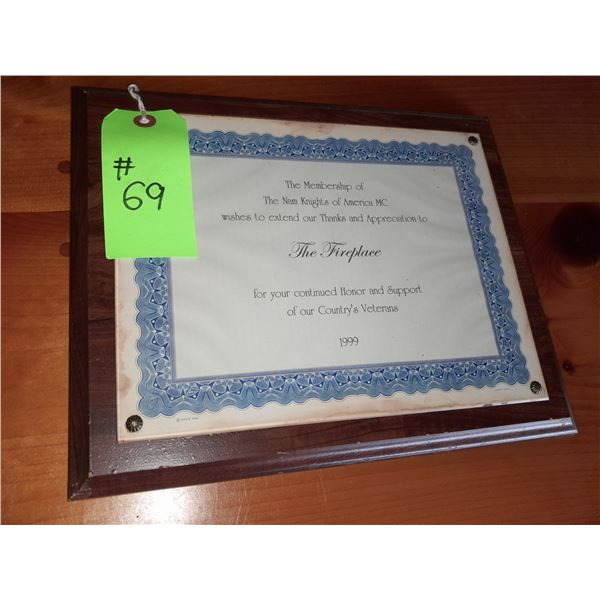 The Fireplace Restaurant - Nam Knights Mounted Certificate