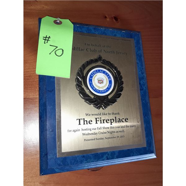 The Fireplace Restaurant - Cadillac Club Of North Jersey Car Club Thank You Plaque