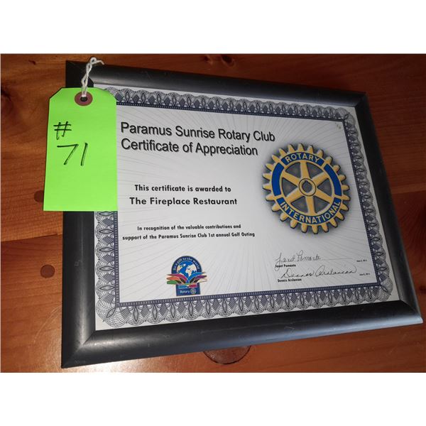 The Fireplace Restaurant - Rotary Club Framed Certificate