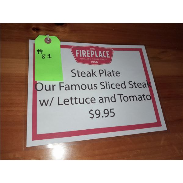 The Fireplace Restaurant - "Steak Plate" Sign