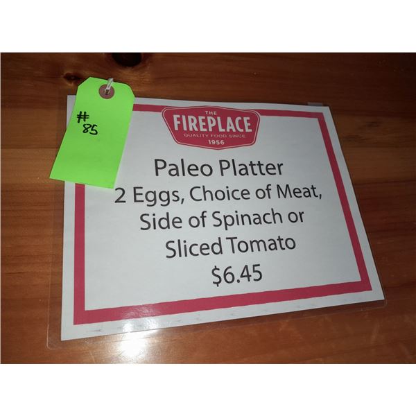 The Fireplace Restaurant - "Paleo Platter" Sign