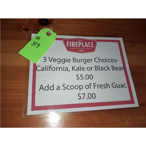 The Fireplace Restaurant - "3 Veggie Burger Choises" Sign
