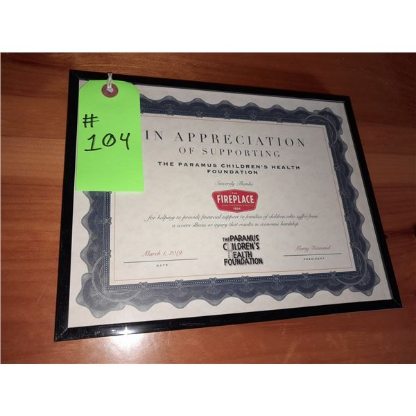 The Fireplace Restaurant - Paramus Children's Health Foundation Framed Certificate