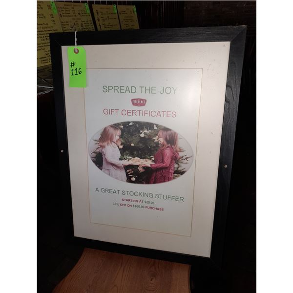 The Fireplace Restaurant - Gift Certificate Framed Sign