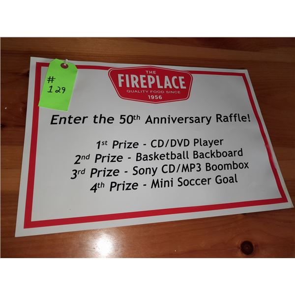 The Fireplace Restaurant - Enther The 50th Anniversary Raffle Sign