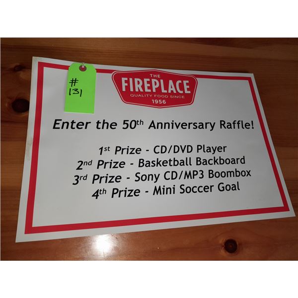 The Fireplace Restaurant - Enther The 50th Anniversary Raffle Sign