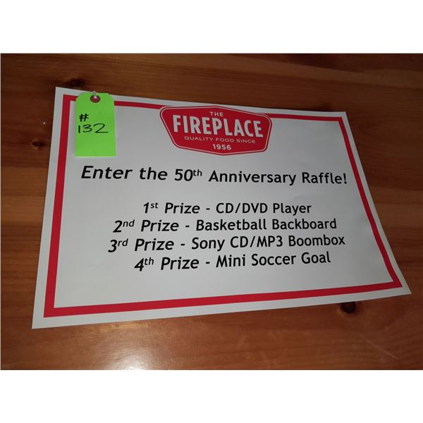 The Fireplace Restaurant - Enther The 50th Anniversary Raffle Sign