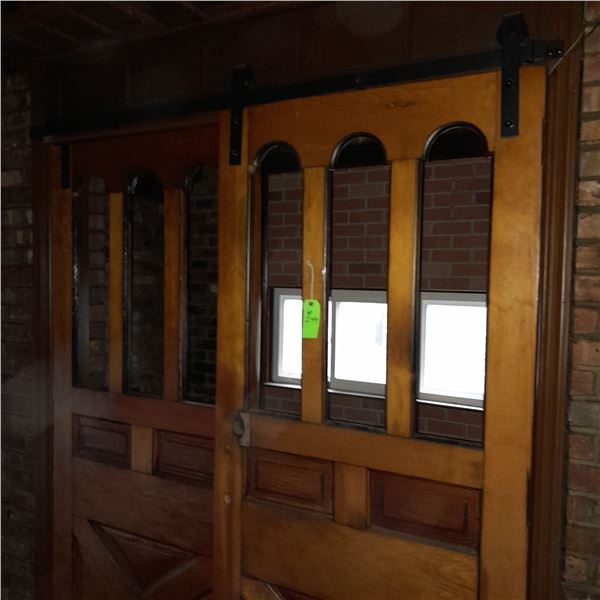 Original The Fireplace Restaurant - Interior 2 Wooden Sliding Doors W/ All Cast Iron Hardware & Wind