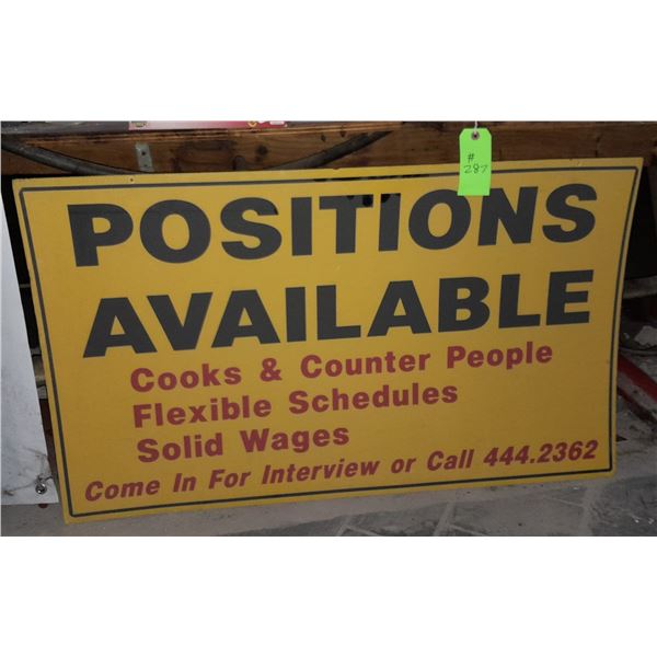 The Fireplace Restaurant - Positions Available Sign