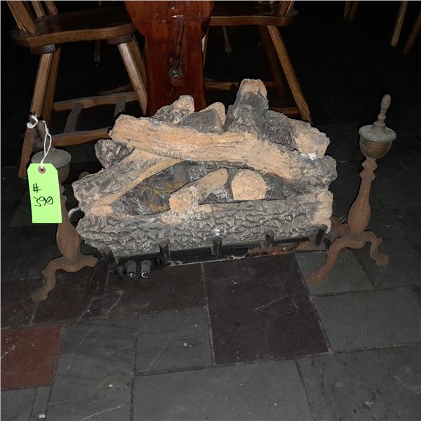 Original The Fireplace Restaurant - Fireplace Insert W/ Yule Logs & Andirons (As-Is)