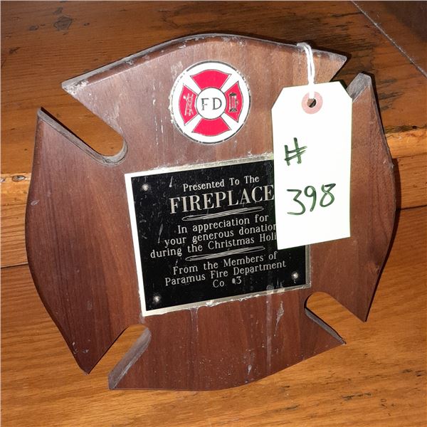 The Fireplace Restaurant - Paramus Fire Department Plaque