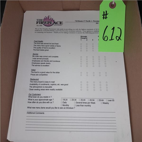 The Fireplace Restaurant - Box Of Branded New Old Stock/Never Used Customer Surveys