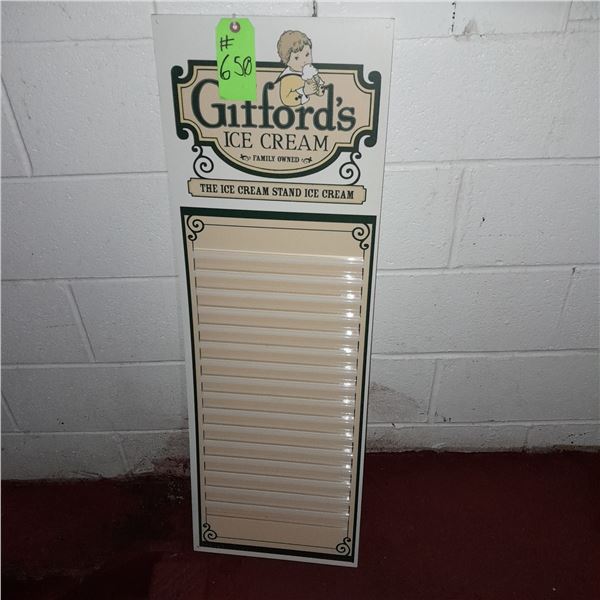 The Fireplace Restaurant - Gifford's Ice Cream Menu Board Sign With Flavor Inserts